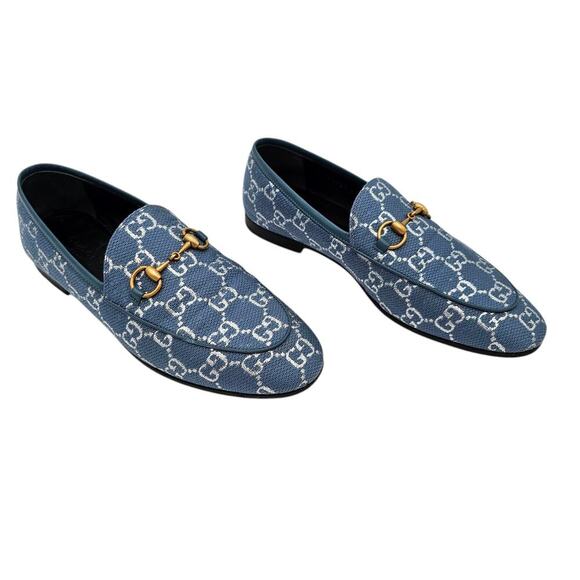 Gucci Jordaan Horsebit Flat Loafer Size 37 US 7 Blue Silver GG Monogram Canvas - Picture 1 of 9